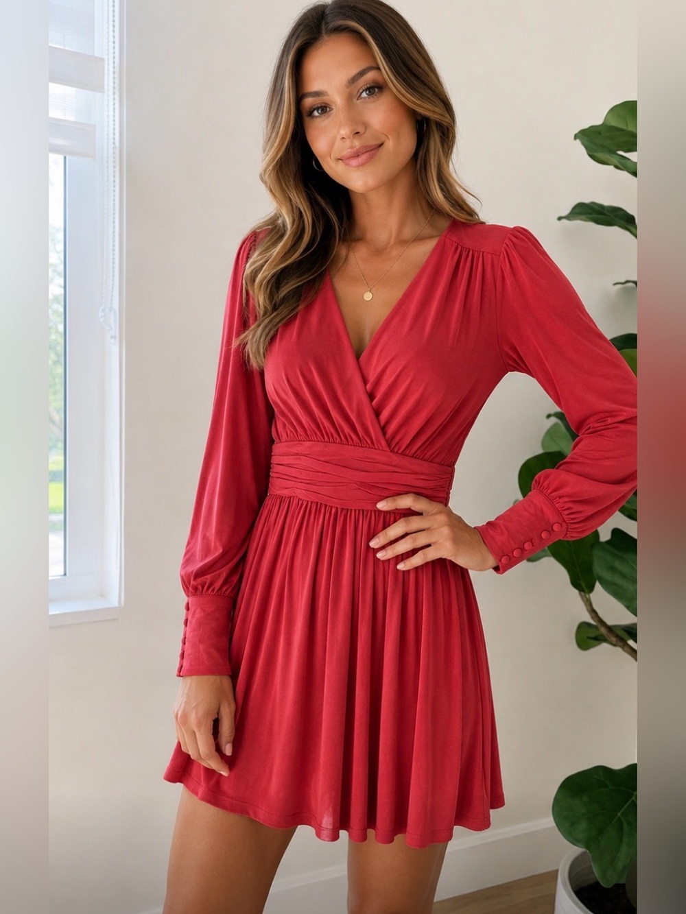 Joie NWT Red Coral Ruched Long Sleeve Mini Dress Size Small